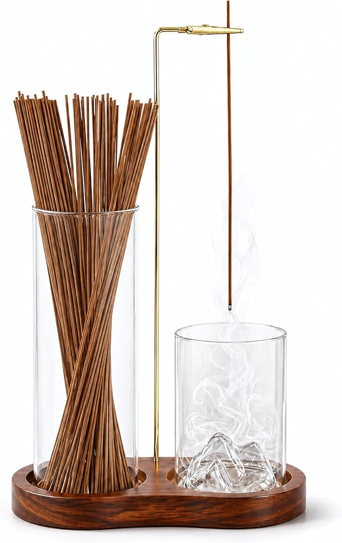 2-in-1 Walnut Wood Glass Incense Holder for Sticks, Anti-Ash Flying Incense Burner with Glass Ash Catcher & Incense Storage, Incense Stick Holder for Meditation, Yoga, Spa, and Home Decor