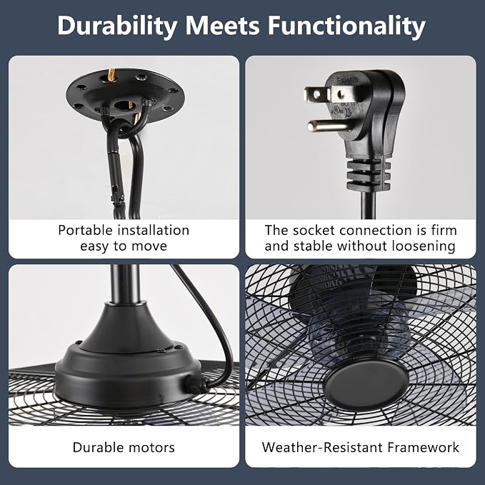 AHAWILL Outdoor Ceiling Fans with Lights, 20'' Gazebo Fan, Plug in Ceiling Fan for Patios, Pergola, Ceiling Fan with Remote Control, Hanging with Hook,Black