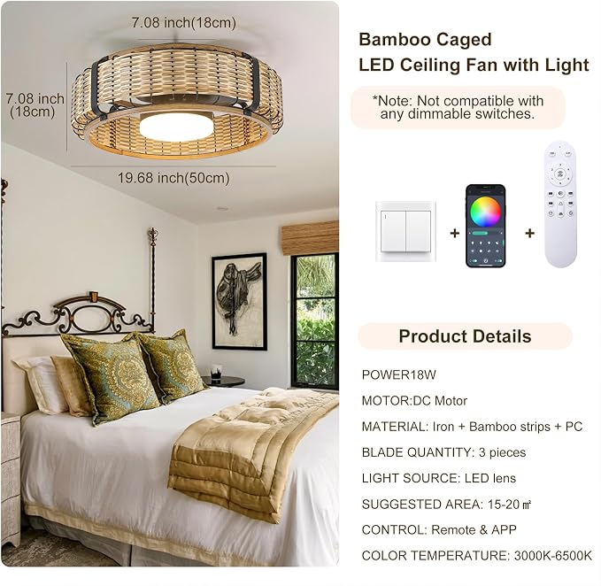 Ganeed 20" Bamboo LED Dimmable Ceiling Fan with Light and Remote Control, Boho Rattan Caged Ceiling Fans with Lights 6 Speed/Timer/RGB Flush Mount Fandelier for Kitchen Living Room Indoor Bedroom
