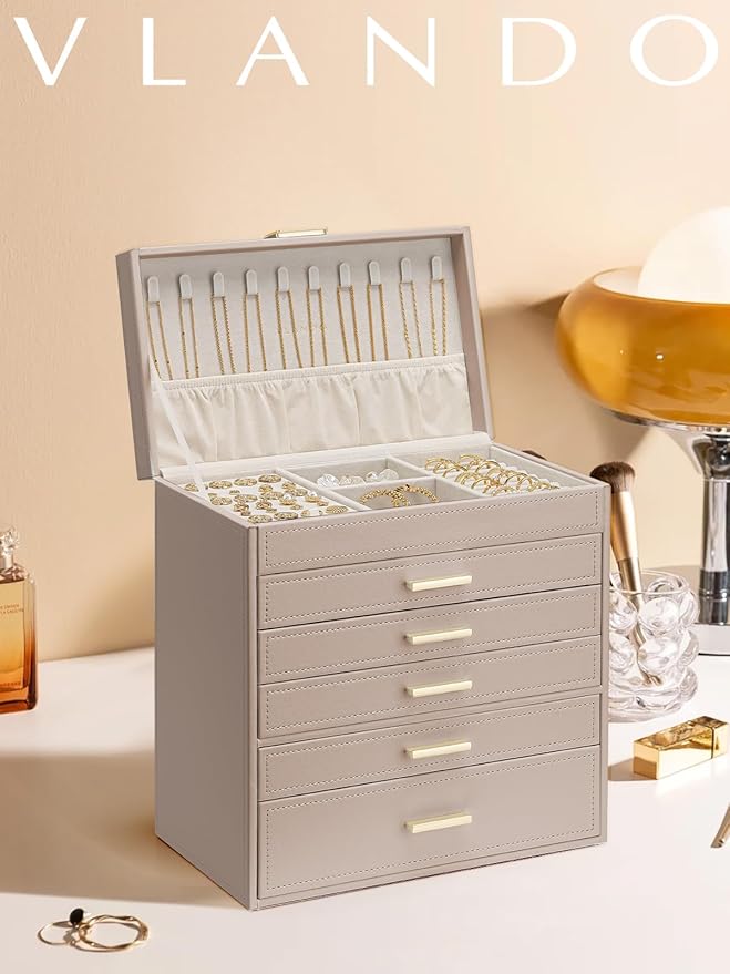 VLANDO 6 Layer Large Jewelry Box - Jewelry Holder Organizer, Jewelry Box Organizer for Drawer Necklace Ring Bracelet and Watch, Birthday Gift for Loved Ones - Toffee