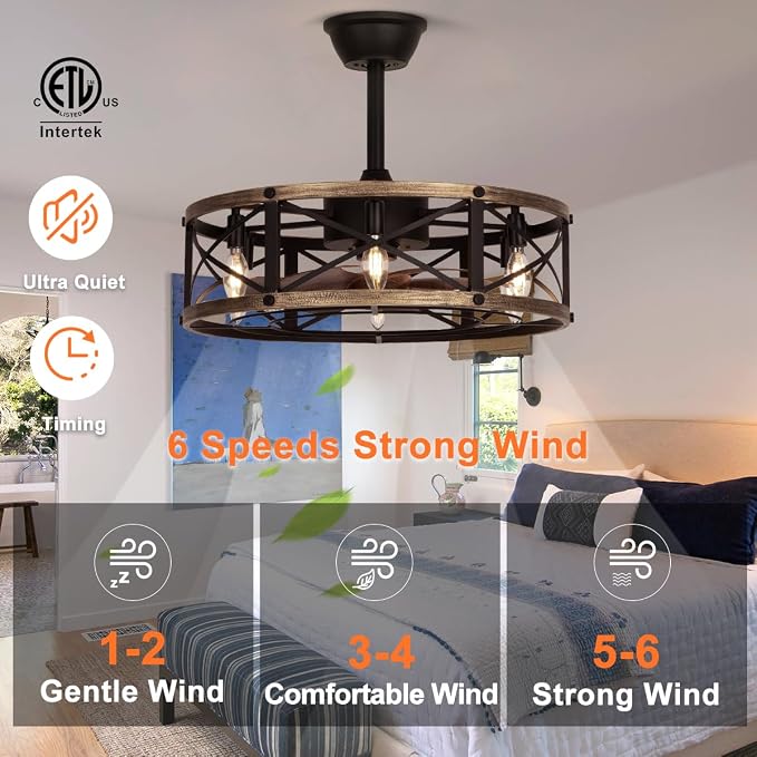 SHLUCE 22" Caged Farmhouse Ceiling Fan with Light, 6 Speeds, Rustic Fandelier Enclosed Ceiling Fans with Lights and Remote, Modern Bladeless Ceiling Fan with Light for Living Room, Bedroom - ETL