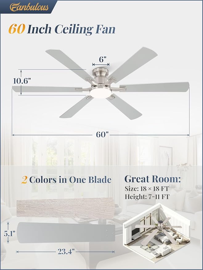 Fanbulous 60 Inch Ceiling Fan with Lights, APP & Remote Control, Flush Mount Low Profile Brushed Nickel Ceiling Fan, 3000-6000K Dimmable LED, Quiet Reversible Motor, 6 Speeds, for Living Room Bedroom