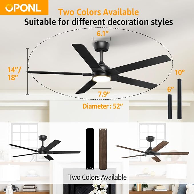 OPONL Ceiling Fan with Light, Ceiling fan with Light and Remote Control, Reversible, 6CCT, Dimmable, Noiseless, Ceiling Fan for Bedroom, Indoor/Outdoor Use, Black, 52 inch, Modern