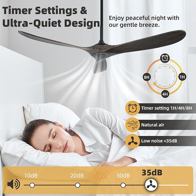 Outdoor Ceiling Fan Without Light, 60 Inch Smart Ceiling Fan with Remote & Voice Control Works with Alexa & Google Assistant, 3-Blade Wood Fan, Quiet DC Motor, 6 Speeds for Patio, Farmhouse