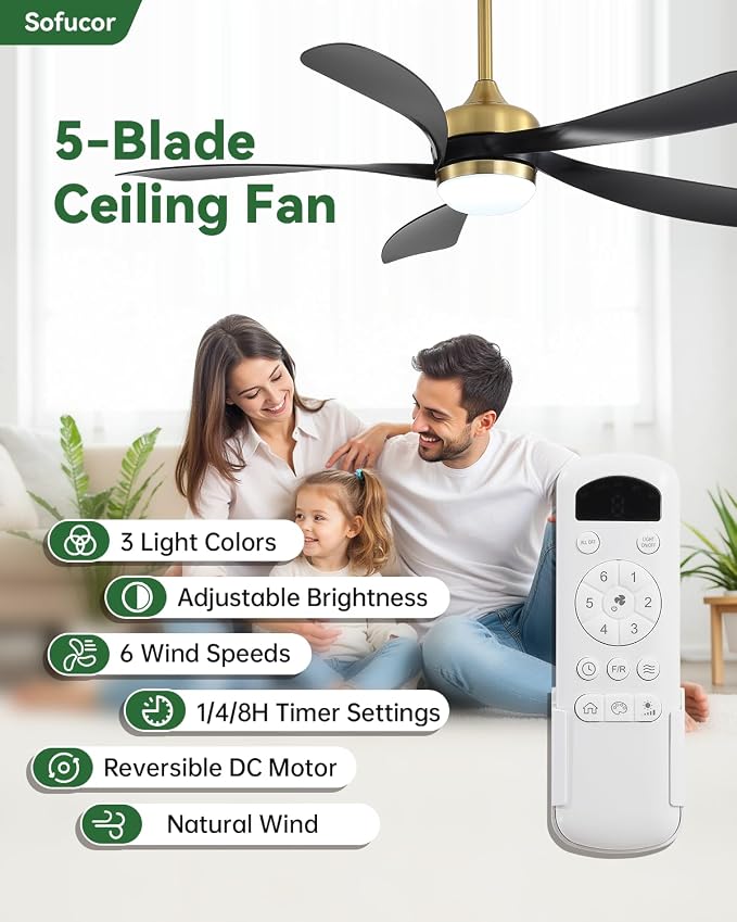 Sofucor 52 Inch Ceiling Fans with Lights and Remote, Outdoor Ceiling Fan with Light 6-Speed 3 CCT 3-Timer, Black Low Profile Ceiling Fan 5 Blade Reversible DC Motor for Living Room Bedroom Patio
