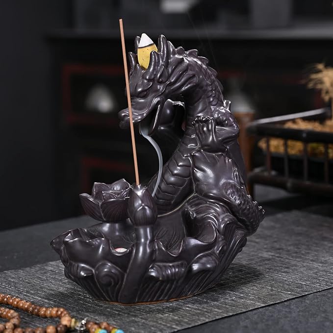 Dragon Backflow Incense Burner Waterfall Incense Holder Aromatherapy Ornament Handmade Ceramics Gift Home Decor, with 10 Backflow Incense Cones for Waterfall Burner