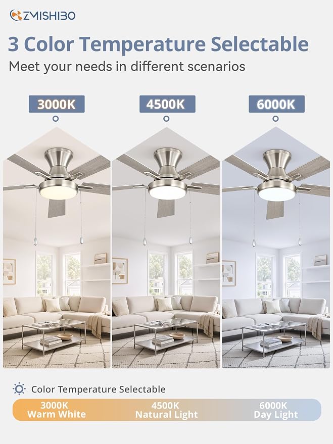 ZMISHIBO Ceiling Fans with Lights, Low Profile Ceiling Fan with Pull Chain and Remote Control, Flush Mount, Reversible, Dimmable, Noiseless, White Pull Cord Ceiling Fan for Bedroom(52inch Nickel)