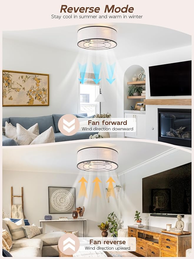 20" Black Low Profile Ceiling Fans with Lights, Boho Flush Mount Ceiling Fan with Light and Remote, Rattan with 6 Speeds for Bedroom, Nursery, Living Room