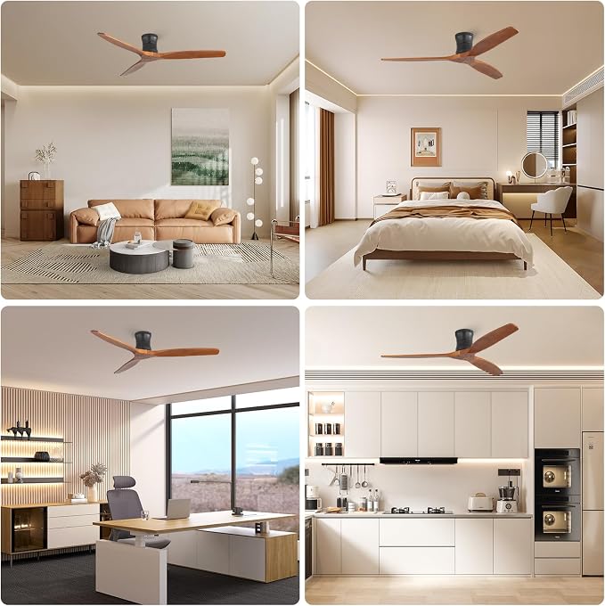 Sofucor 52" Solid Wood Ceiling Fan No Light, Low Profile Flush Mount Ceiling Fan with Remote, Outdoor Modern Ceiling Fan 6-Speed Timing Reversible DC Motor Noiseless for Living Room Bedroom Patio