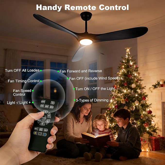 60 Inch Ceiling Fans with Lights and Remote, Wood Outdoor Ceiling Fan with 6 Speed Noiseless DC Motor, Indoor Modern 3 Blade Propeller Ceiling Fan for Bedroom Living Room Gazebo Patio (Black)