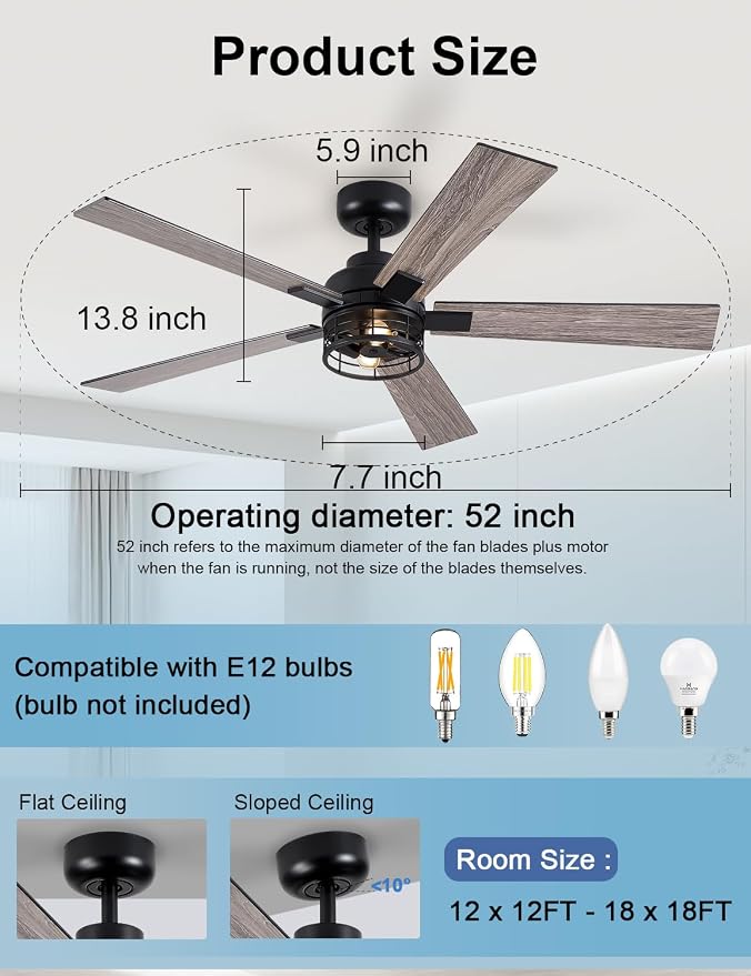 52 Inch Farmhouse Ceiling Fans with Lights and Remote, Black Industrial Caged Ceiling Fans for Bedroom, Living Room, 6-Speed Reversible Quiet DC Motor, Rustic Design