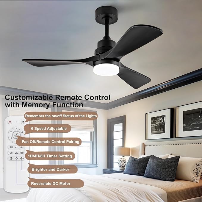 42 Inch Ceiling Fan with Light, 3 Solid Wood Blades, Remote Control, 6-Speed Reversible Quiet DC Motor, Modern White Ceiling Fan for Bedroom Living Room Patio