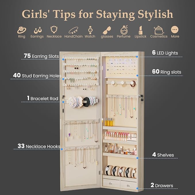 DUMOS 6 LEDs Mirror Jewelry Organizer Cabinet, Jewelry Armoire, 47.2 Inch | Hanging Door or Wall Mounted Mirror, Lockable, Large Capacity Cosmetic Storage, 2 Drawers, Gift Idea, Khaki