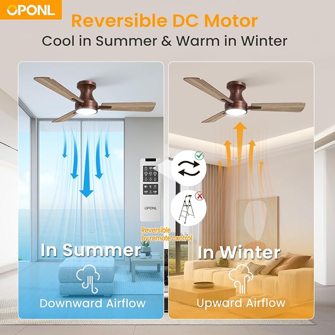 OPONL Ceiling Fan with Light, 42 inch Low Profile Ceiling fan with Light and Remote Control, Reversible, 6CCT, Dimmable, Noiseless, Brown Ceiling Fan for Bedroom, Indoor/Outdoor Use, Modern
