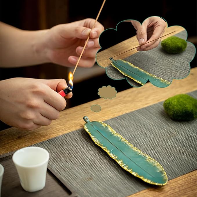 Incense Stick Holder Burner Ceramic Green Feather, Incense Burner Ash Catcher 9 Inch Handmade Incense Tray Meditation, Yoga, Home/Office Decor, Spa Relaxation (Green)