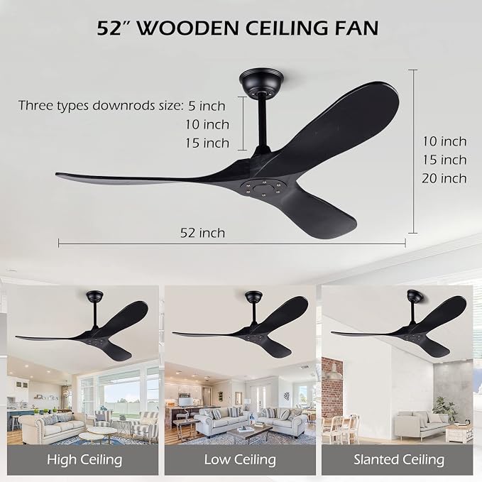 52 Inch Black Ceiling Fan No Light ，Wood Outdoor Ceiling Fans for Patios 3 Blade Propeller Reversible Modern Ceiling Fan Without Light for Living Room Bedroom with Remote