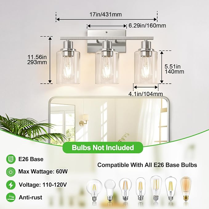 Indoi 3-Light Bathroom Light Fixtures, Brushed Nickel Modern Vanity Lights with Clear Glass Shades, Bathroom Wall Lamp for Mirror Living Room Cabinet Bedroom Porch
