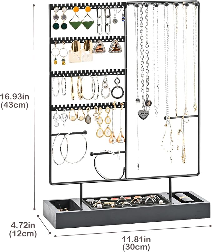 ProCase Jewelry Organizer Stand Earring Holder Organizer, 6 Tiers Earring Organizer Tree Necklace Rack Jewellery Tower Bracelets Holder Storage with Removable Wooden Ring Tray for Women Girls -Grey