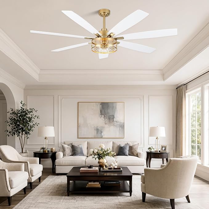 Dawn Whisper 72 Inch Large Ceiling Fans with Lights Modern White Gold Farmhouse Ceiling Fan for Living Room Bedroom 6 Speed Reversible Quiet DC Motor