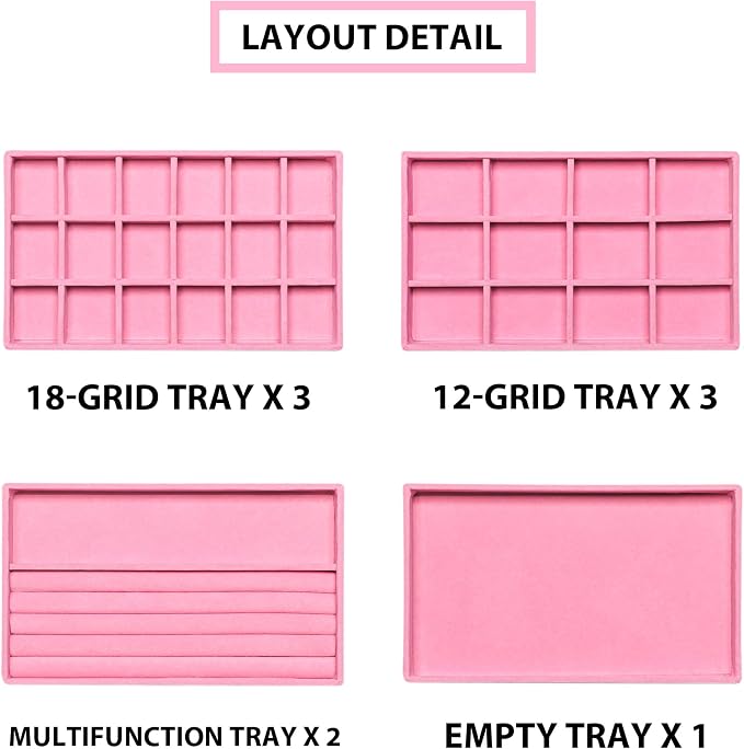 Frebeauty Jewelry Trays for Drawer,Set of 9 Jewelry Organizer and Storage | Velvet Material,Earring Holder Organizer,Stackable Jewelry Display for Vanity,Drawer Inserts for Rings,Studs,8.3×4.9 inch