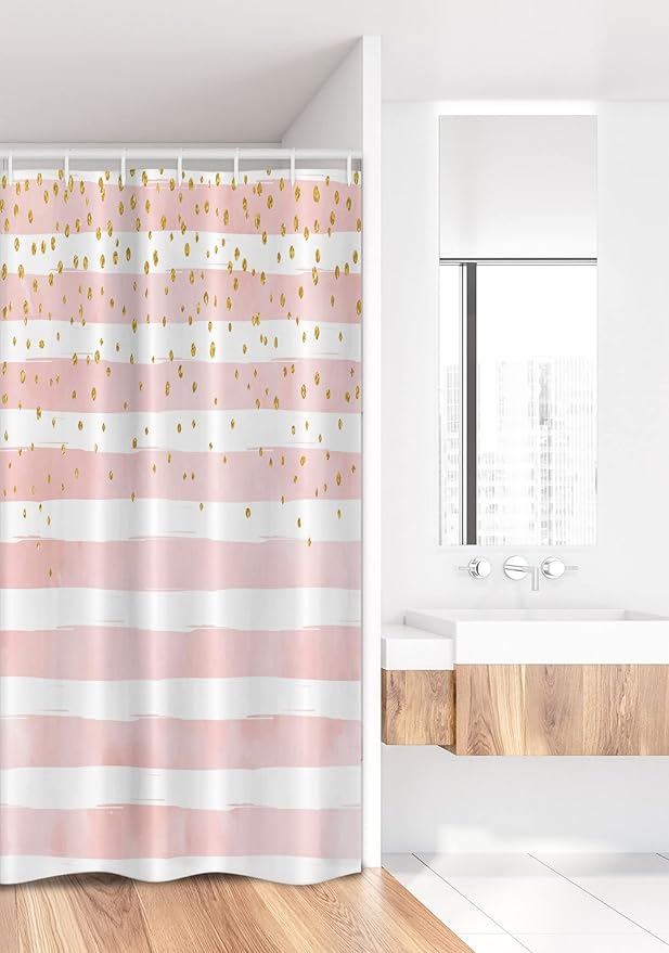 Ambesonne Modern Stall Shower Curtain, Watercolor Paint Horizontal Stripes and Dots Artistry Illustration, Fabric Bathroom Decor Set with Hooks, 36" W x 72" L, Pink Yellow