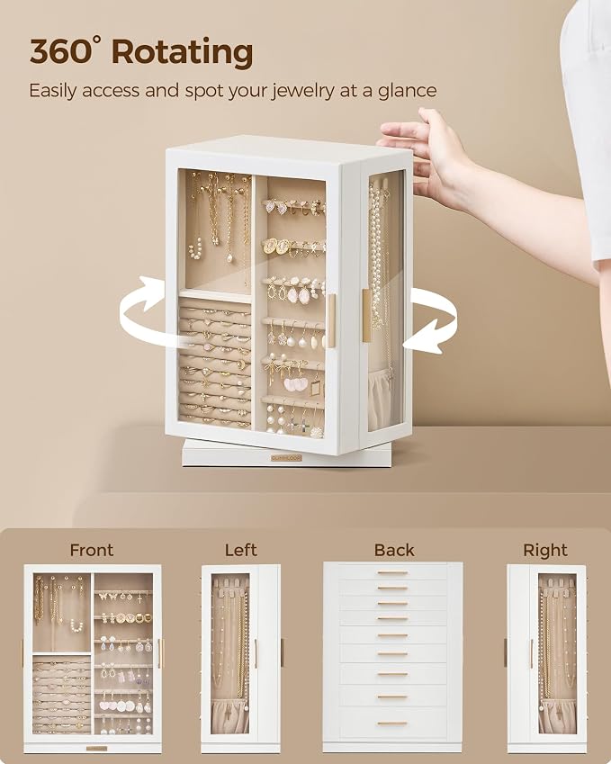 Glimmloop 360° Rotating Jewelry Box with 9 Drawers, Spacious Vertical Jewelry Organizer with Glass Window, Jewelry Storage Case, Dustproof & Moisture-resistant Design, White