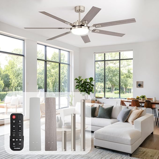64 Inch Ceiling Fans with Lights and Remote,Living Room Office Library Cafe Outdoor, 5CCT Dimmable, Dual Color 7 Blades, 6 Speed Reversible Quiet DC Motor, Dual-Layer Shade, Sand-nickel/Wood Grain