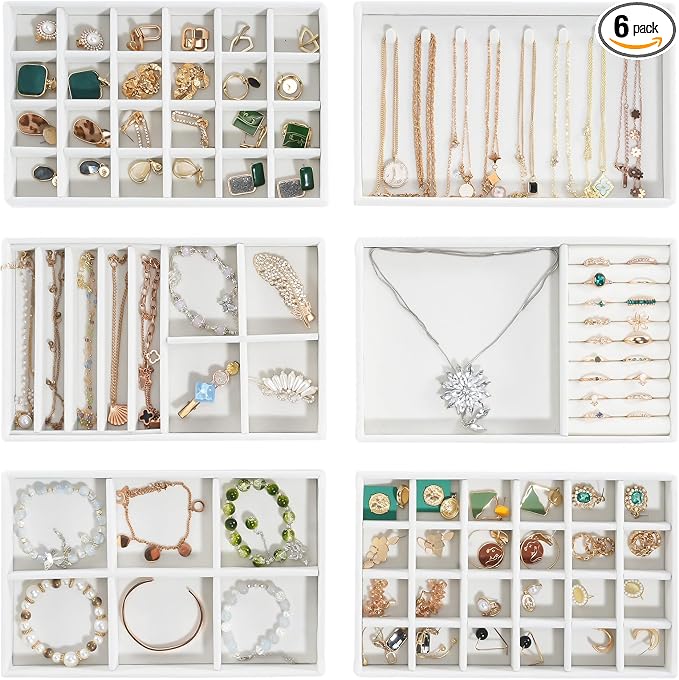 ProCase Stackable Jewelry Organizer Trays for Drawers, Jewelry Drawer Inserts Container Display Case Storage for Earring Necklace Rings Bracelet with Removable Dividers -Warmwhite, 6 Layers