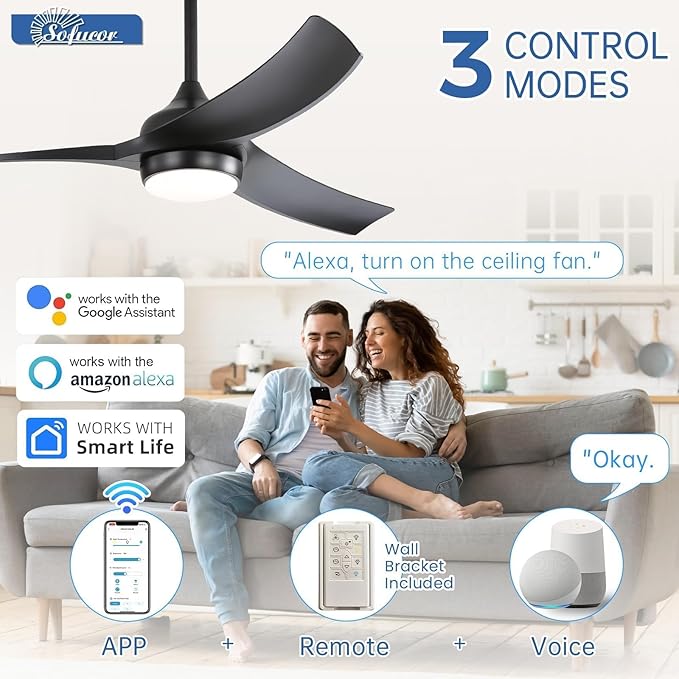 Sofucor 52 Inch Smart Ceiling Fan, Work with App/Alexa/Google, Outdoor Black Ceiling Fan with Lights Remote Control, Airflow 6000CFM ABS 3 Blade Reversible DC Motor for Bedroom Living Room Patio