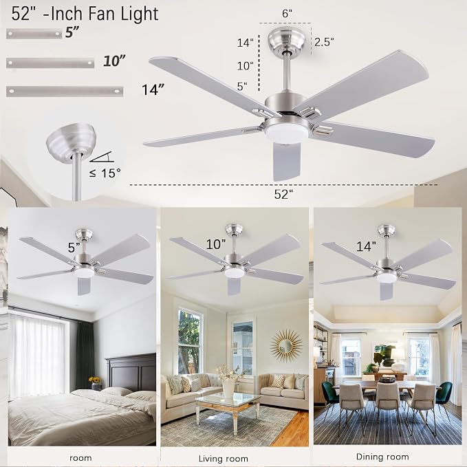 QUTWOB 52" Ceiling Fans with Light and Remote,Farmhouse 5 Blades Quiet Reversible DC Motor Ceiling Fans for Modern Indoor/Outdoor/Patio/Living Room/Bedroom(Silver/burlywood)