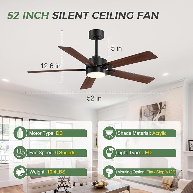 Ceiling Fans with LED Lights, 52 Inch 5-Blade Ceiling Fan Remote Control, Industrial Ceiling Fan with Reversible DC Motor, Downrod Mount LED Ceiling Light Chandelier for Bedroom (Black & Walnut)