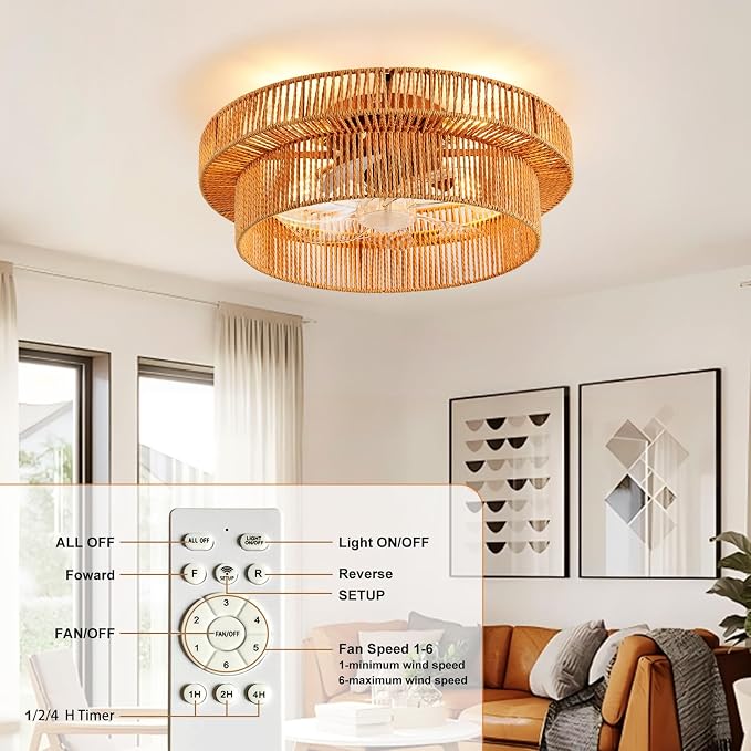 Depuley Boho Ceiling Fan with Light: 20 Inch Double Layer Textured Rope Flush Mount Fandelier with Remote and Timer - Caged Ceiling Fan with 6 Speeds - Indoor Quiet Fan for Bedroom and Living Room