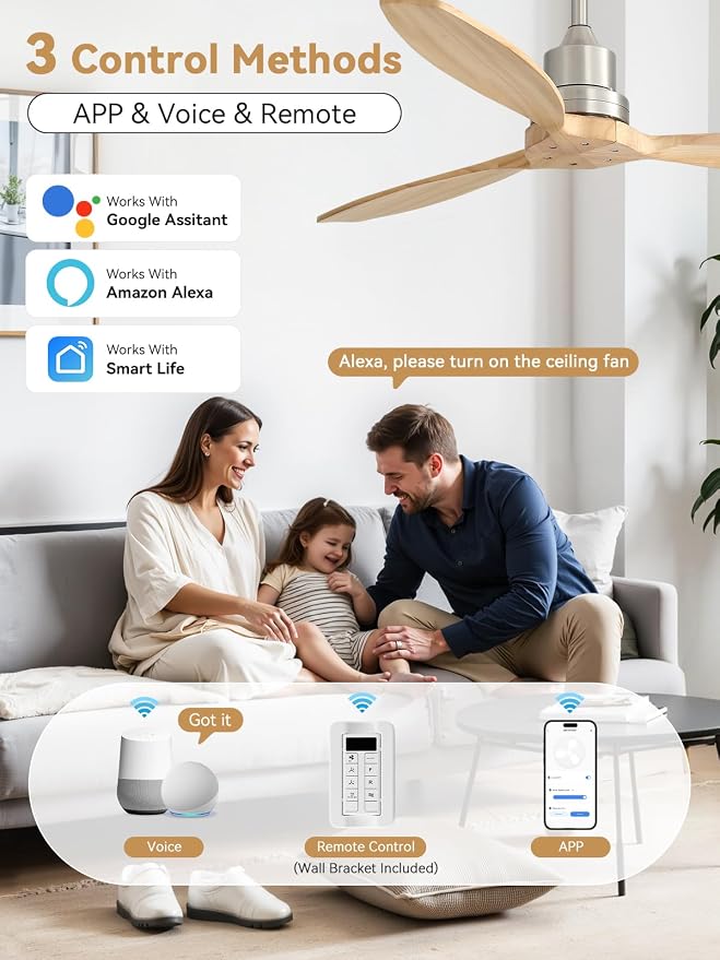 Sofucor 52 Inch Smart Ceiling Fans no Light, 3 Blade Light Wood Ceiling Fan Works with Remote/App/Alexa/Google, for Indoor Bedroom Living Room Outdoor Patio Porch