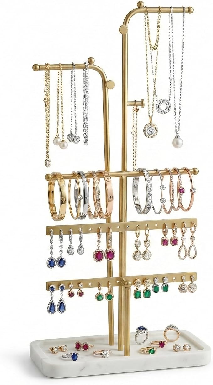 Gold L-Shaped Jewelry Tower – 15.4 in Tall Space-Saving Stand for Necklaces, Bracelets & Earrings