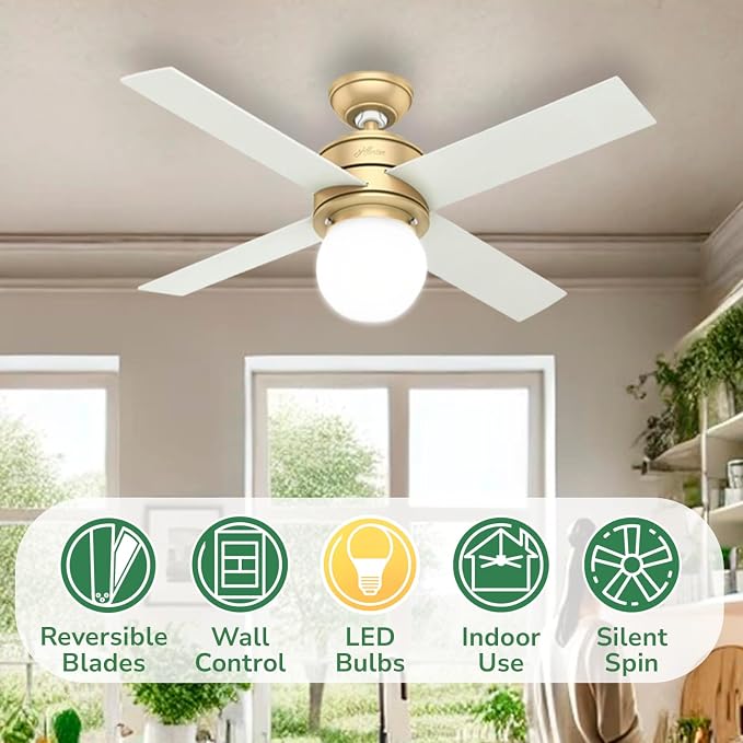 Hunter Hepburn, Indoor, Ceiling Fan, with LED Light, 44 inch, Modern Brass