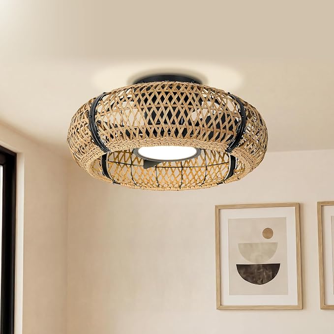 ocioc 20" Fandelier Ceiling Fans with Lights and Remote,Caged Ceiling Fan with Light,Flush Mount Low Profile,Bladeless,Quiet Reversible DC Motor,Boho Rattan Ceiling Fan for Bedroom,Living Room