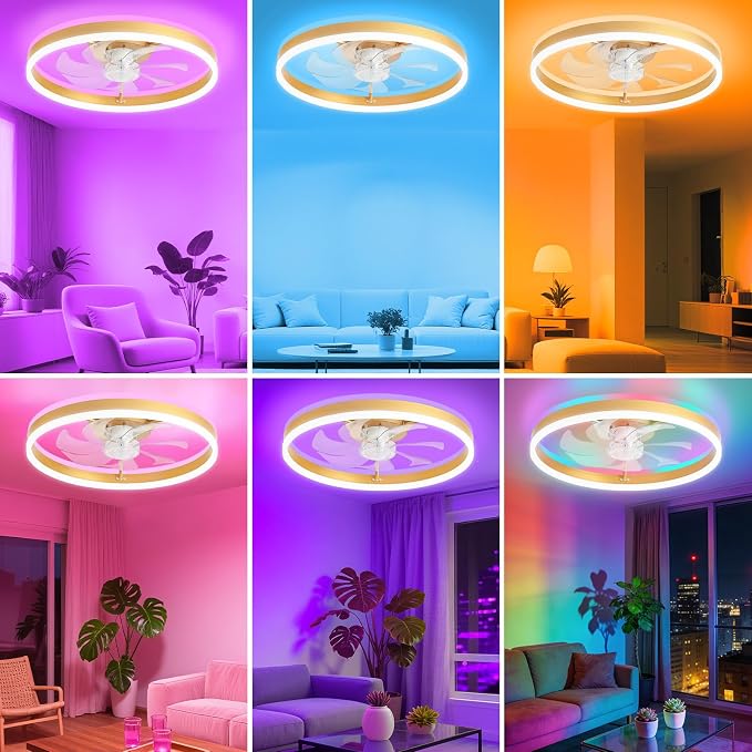 STERREN RGB Ceiling Fan with Light, 20'' Low Profile Ceiling Fans with Remote Control, Smart Gold Flush Mount LED Fan Light, Modern Bladeless Fandelier for Bedroom, Living Room, Kitchen
