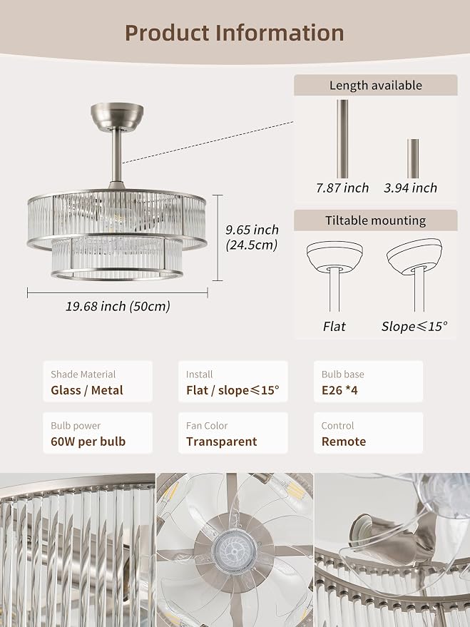 Silver Fandelier Ceiling Fans with Lights, 20" Silver Crystal Chandelier Ceiling Fan with Light Remote Control, Caged Mid Century with 6 Speeds for Bedroom, Living Room, Nursery