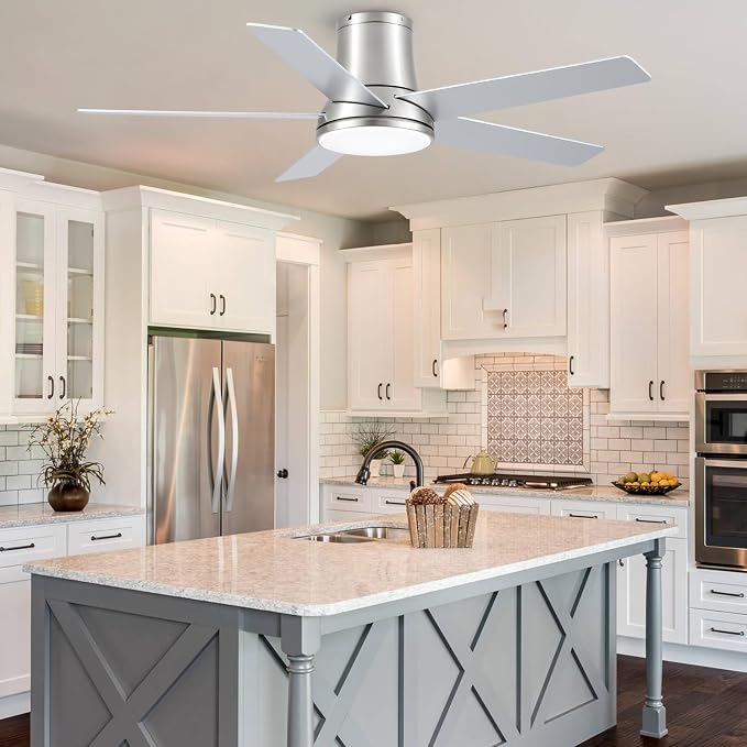 52 Inch Pro Brushed Nickel Flush Mount Ceiling Fans with Lights and Remote | 3CCT Dimmable LED, 6 Speed, Quiet DC Motor, 3-Level Timer Function, Forward/Reserve For all Seasons, Indoor/Covered Outdoor