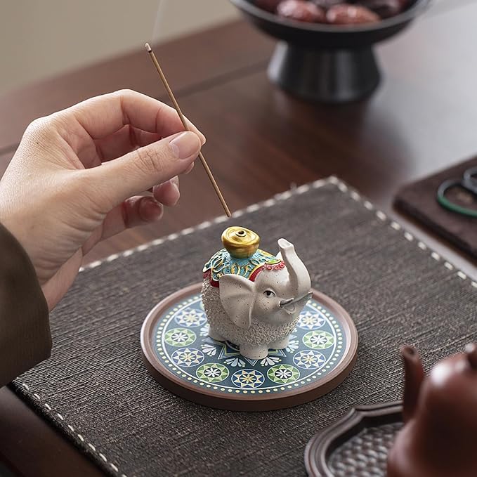 Lucky Elephant Incense Holder - Handmade Burner with Ash Tray for Meditation Yoga, Home Decor & Spiritual Gifts