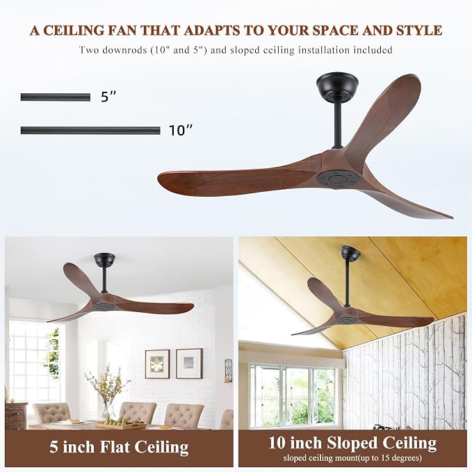 Walnut Wood 52" Ceiling Fan, No Light, 6-Speed, Reversible 3 Blades, Timed Shutdown, Silent DC Motor, for Bedroom, Porch and Living Room