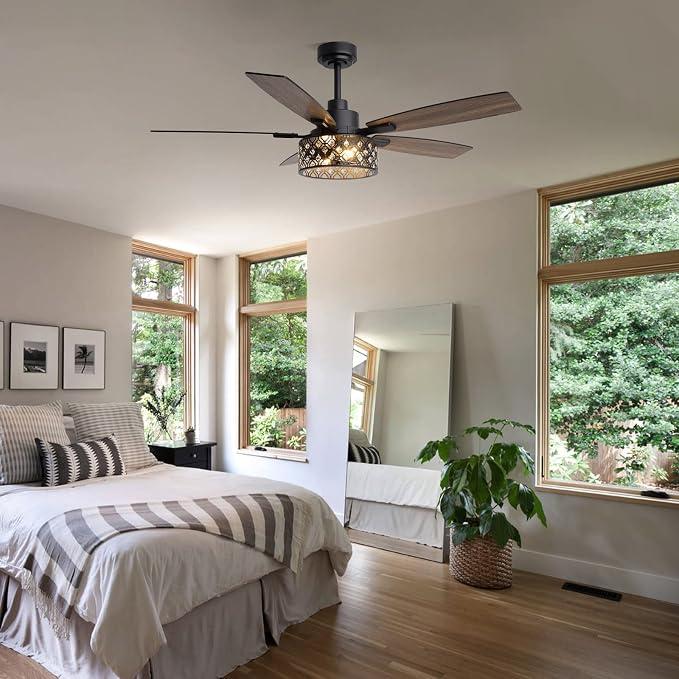 52 Inch Farmhouse Ceiling Fan with Lights and Remote, 5 Blades Double-color Finish, Quiet & Reversible DC Motor, Crystal Caged Ceiling Fan for Bedroom Living Room Kitchen Outdoor Covered Patio