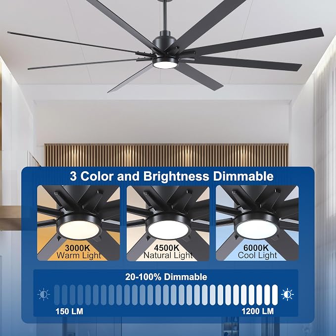 Rayqueen 84 Inch Black Ceiling Fans with Lights and Remote,Includes Downrod | Black Blades,6 Speed Reversible DC motor,3-color temperature dimmable LED.5.9/11.8/23.6 inch downrod