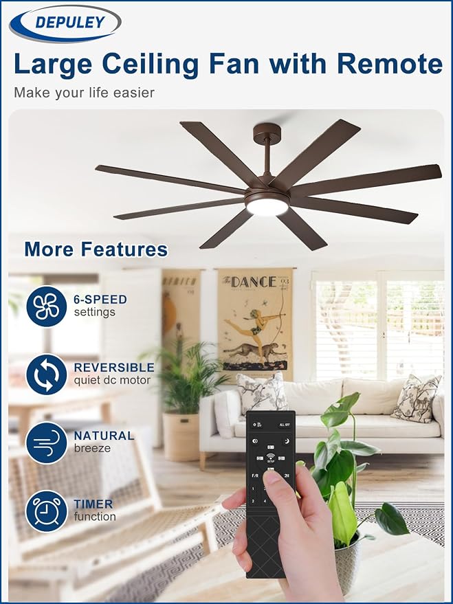 Depuley 66" Ceiling Fans with Lights: Large Indoor/Outdoor Ceiling Fan for Patios Living Room - 8 Blades Brown Dimmable Ceiling Fans with Remote APP Control Timer Reversible Quiet DC Motor 6 Speeds