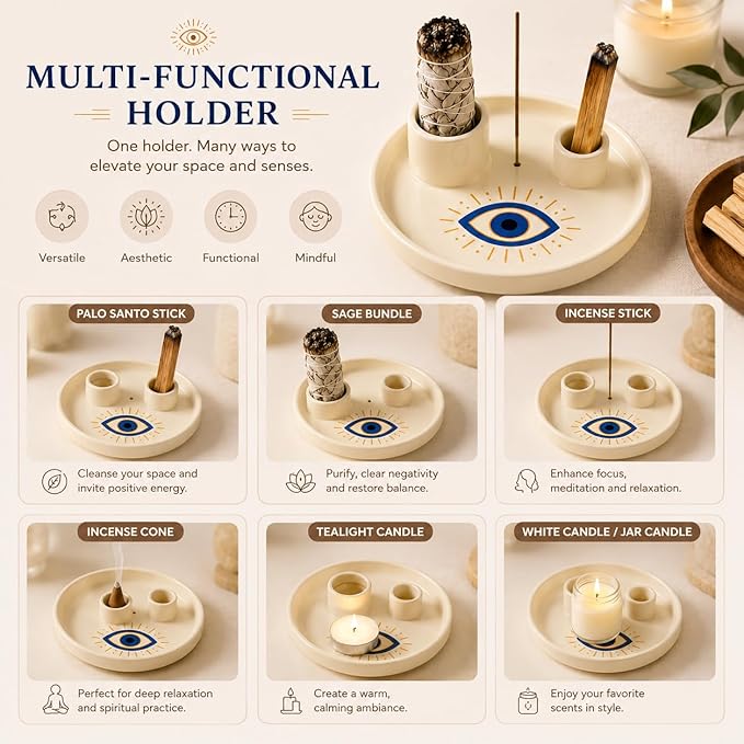 Incense & Palo Santo Holder – 6.5'' Ceramic Sage Burner for Sticks, Bundles, Cones, Candle & Tealight with Ash Catcher – Jewelry Tray, Smudge Pot, Home Décor, Meditation Gift (Blue Eye)