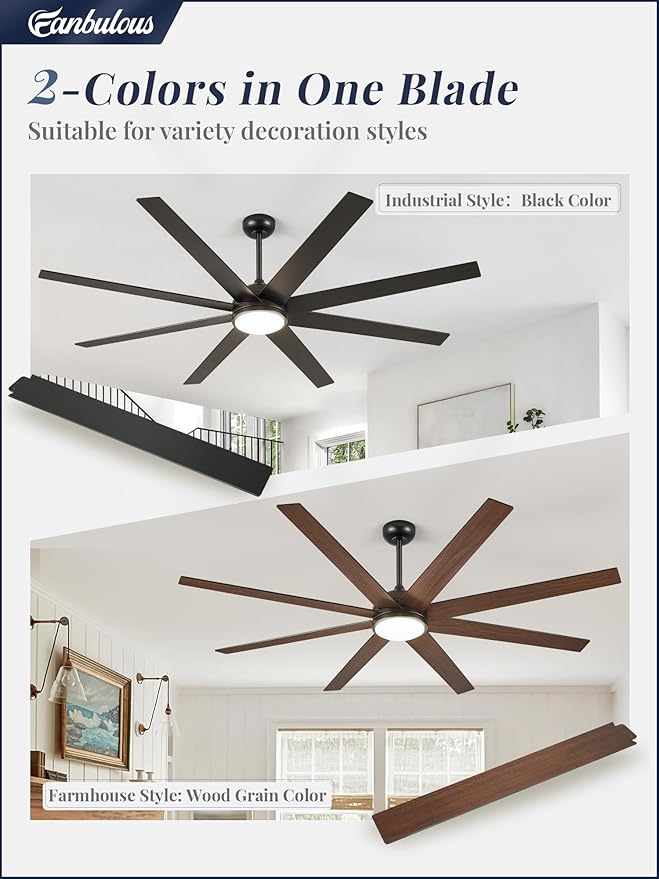 Fanbulous 74 Inch Ceiling Fans with Lights and Remote, Black Indoor/Outdoor Ceiling Fan with Quiet Reversible DC Motor, 6 Speeds, 3CCT, 8 Blades Large Ceiling Fan for Living Room Bedroom Patio