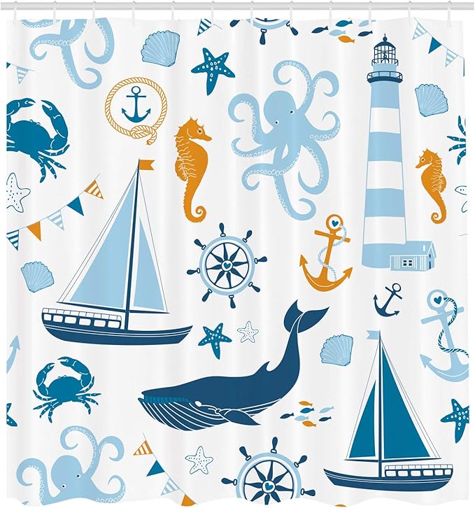 Ambesonne Nautical Shower Curtain, Pastel Colored Composition of Lighthouse Sailboat Fish Shells Octopus, Cloth Fabric Bathroom Decor Set with Hooks, 69" W x 84" L, Blue Orange