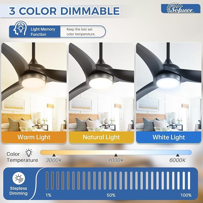 Sofucor 52 Inch Smart Ceiling Fan, Work with App/Alexa/Google, Outdoor Black Ceiling Fan with Lights Remote Control, Airflow 6000CFM ABS 3 Blade Reversible DC Motor for Bedroom Living Room Patio