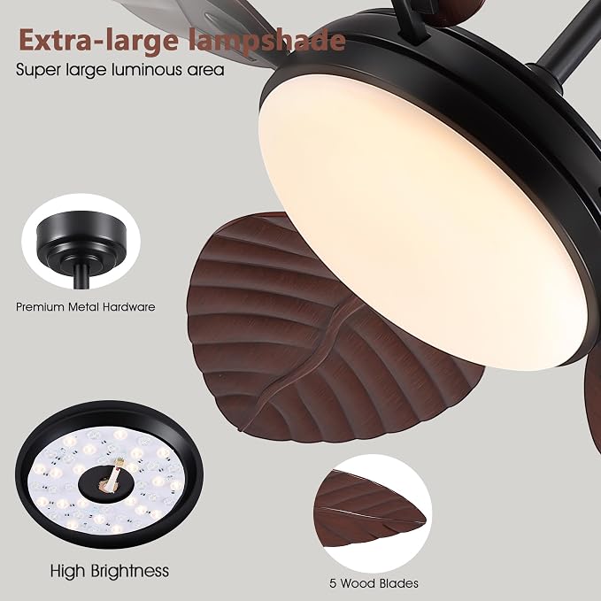 GJeg Tropical Ceiling Fans with Lights and Remote,52Inch Outdoor Palm Leaf Ceiling Fan for Patios Porch Bedroom, Dimmable LED Light, 6 Speeds, Reversible,Dark Brown