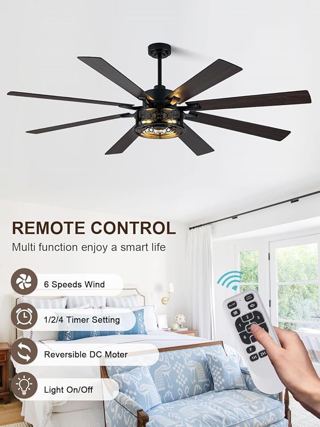 72" Farmhouse Ceiling Fan with Lights Remote Rustic Ceiling Fan | Black Caged Fandelier Large Industrial Chandelier for Living Room Indoor Covered Outdoor, Reversible Quiet DC Motor 6 Speeds